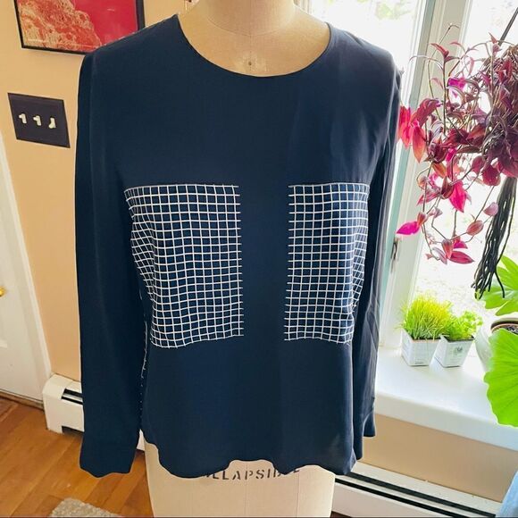 THEORY | navy blue & white square pattern silk blouse S - Picture 6 of 8